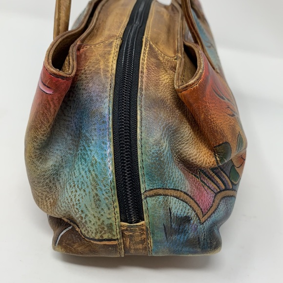 Anuschka Hand Painted Leather Bag Satchel Floral Zip - Picture 6 of 10